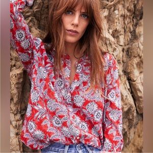 Xirena Floral Button Down Shirt Cotton Red and Blue Size Medium